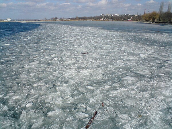 Winter-frozen Southern Bug in Mykolaiv.