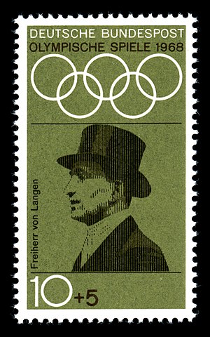 Timbre de la poste ouest-allemande édité en 1968 pour le quarantième anniversaire des victoires de Carl Freiherr von Langen aux jeux.