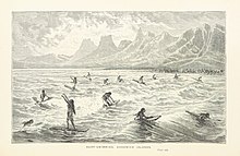 Engraving of wahine surfing after a drawing by Charles de Varigny (1829) Surf-Swimming, Sandwich Islands.jpg