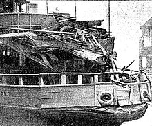 Karingal after collision with freight in 1947 Sydney ferry KARINGAL after collision with freighter.jpg