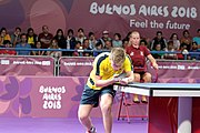 Deutsch: Beachhandball bei den Olympischen Jugendspielen 2018; Tag 4, 9. Oktober 2018; Mixed, Spiel um Bronze, Männer – Truls Möregårdh (SWE) Vs Lin Yun-ju (TPE) 1:3 English: Table tennis at the 2018 Summer Youth Olympics at 9 October 2018 – Mixed Bronze Medal Match, Men – Truls Möregårdh (SWE) Vs Lin Yun-ju (TPE) 1:3