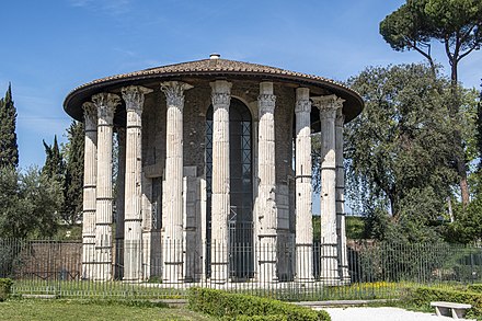The Temple of Hercules Victor, in the Forum Boarium in Rome, 2nd century BC; the entablature is lost and the roof later.