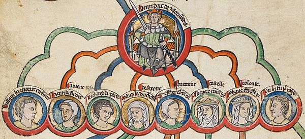 13th-century depiction of Henry II and his legitimate children, left to right: William, Henry, Richard, Matilda, Geoffrey, Eleanor, Joan and John