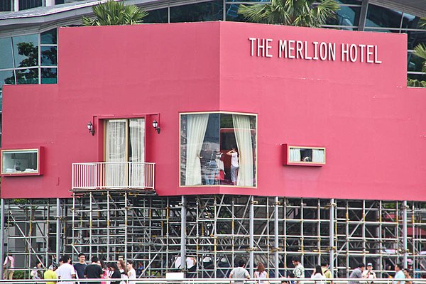 Tatzu Nishi's Merlion Hotel at the Singapore Biennale 2011, a temporary hotel built around the iconic Merlion statue