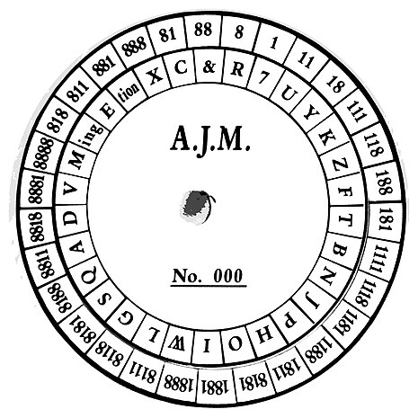 Modern representation of the Union Cipher Disk, from the American Civil War, which was 3.75 inches (95 mm) in diameter and made of light yellow heavy card stock. It consisted of two concentric disks of unequal size revolving on a central pivot. The disks were divided along their outer edges into 30 equal compartments. The smaller inner disk contained letters, terminations and word pauses, while the outer disk contained groups of signal numbers. For easier recognition, the number eight represented two. The initials A.J.M. represent the Chief Signal Officer General Albert J. Myer. Each disk had a control number used for accountability. The Union Cipher Disk (5176186267).jpg