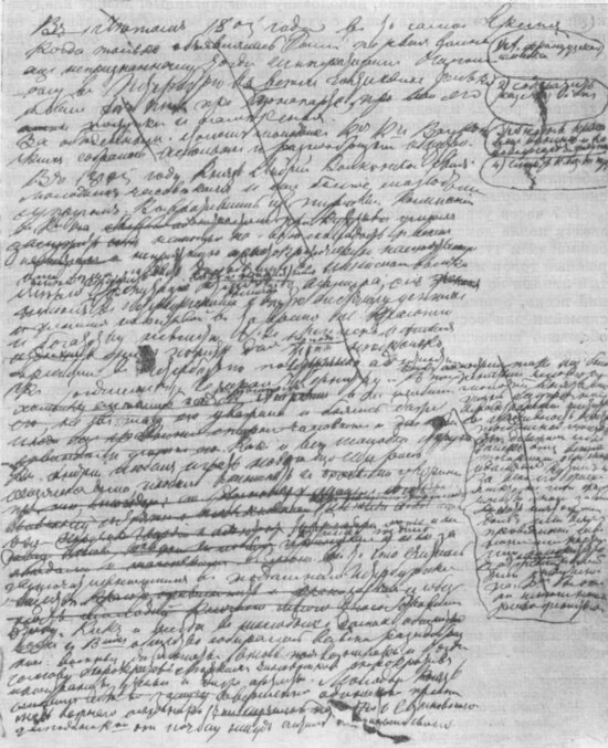 Tolstoy's notes from the ninth draft of War and Peace, 1864.