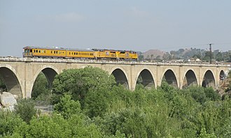 The Santa Ana River Viaduct. UP business train on Santa Ana River Viaduct, May 2013 (cropped).jpg