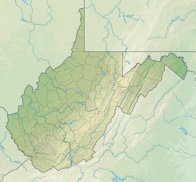 Mapa konturowa Wirginii Zachodniej, blisko prawej krawiędzi nieco u góry znajduje się punkt z opisem „miejsce bitwy”