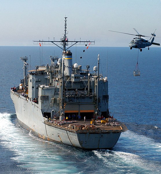 File:US Navy 050114-N-9183C-110 An MH-60S Knighthawk helicopter transports ordnance from Military Sealift Command ammunition ship USNS Flint (T-AE 32) to USS Ronald Reagan (CVN 76) during a vertical replenishment.jpg