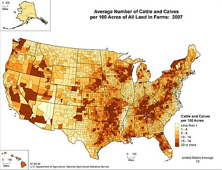 Density of cattle and calves by county in 2007.