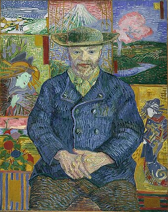 Portrait of Père Tanguy by Vincent van Gogh, an example of Ukiyo-e influence in Western art (1887)