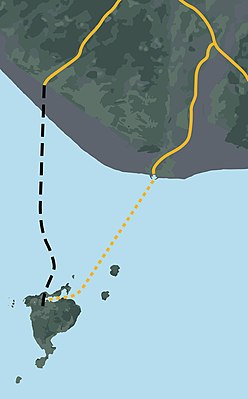 Возможный вариант расположения Вестманнаэйягёйнг (тоннель обозначен чёрным пунктиром, а существующая паромная переправа желтой линией)