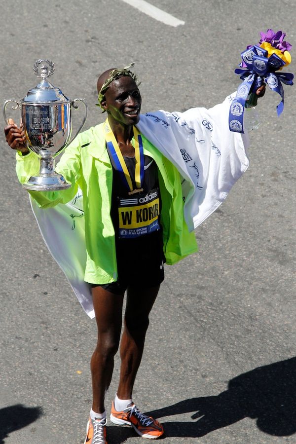 Kenyan Wesley Korir celebrates his victory in the men's race