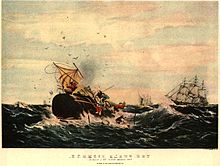 Lukisan ikan paus sperma menghancurkan sebuah kapal, dengan kapal lain di latar belakang