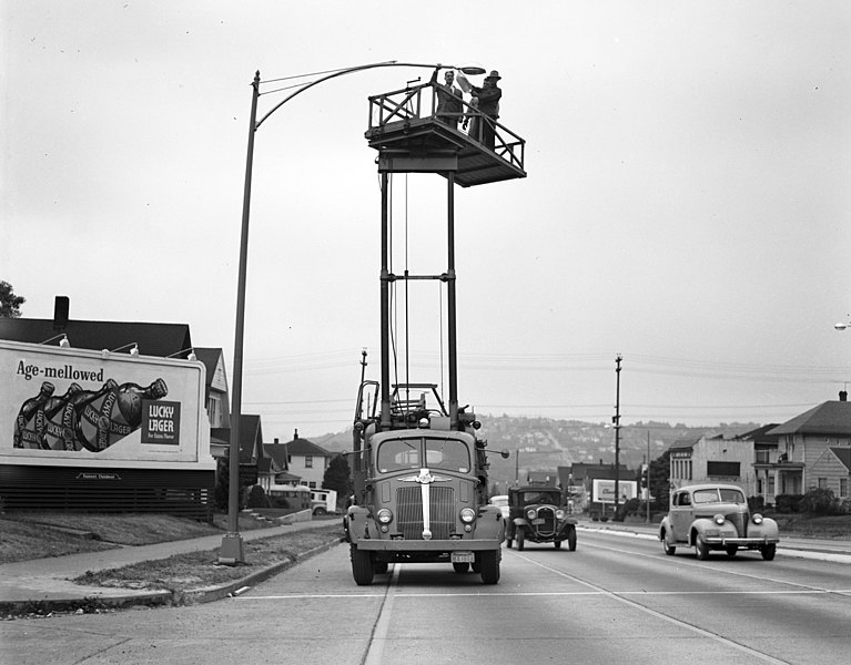 File:Workers on tower truck, 1949 (46721842125).jpg