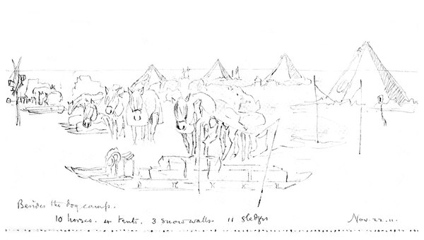 Rough sketch of camp with 10 horses, 4 tents, and some sledges