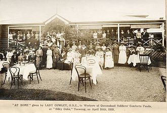 "At Home" given by Lady Cowley, O.B.E., to workers of Queensland Soldiers' Comforts Funds, at "Silky Oaks", Toowong on 24 April 1919 "At Home" given by Lady Cowley, O.B.E., to Workers of Queensland Soldiers' Comforts Funds, at "Silky Oaks", Toowong on April 24th , 1919.JPG