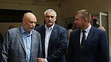 Vladimir Rogov, Russian head of Crimea Sergey Aksyonov and Denis Miroshnichenko from LPR Rogov, Aksionov, Miroshnichenko na otkrytie festivalia <<Velikoe russkoe slovo>>, 2022, 01.jpg