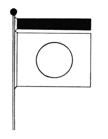 Um diagrama de uma bandeira branca com um anel negro. Uma fita preta e uma esfera aparecem acima da bandeira.