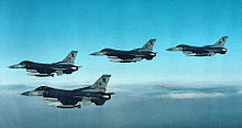 Group of four 10th Tactical Fighter Squadron F-16s in flight over Southwest Asia in 1991 10th Tactical Fighter Squadron - F-16 Group.jpg