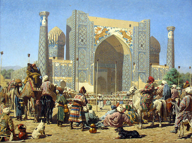 Triumphant crowd at Registan, Sher-Dor Madrasah. The Emir of Bukhara viewing the severed heads of Russian soldiers on poles. Painting by Vasily Veresh