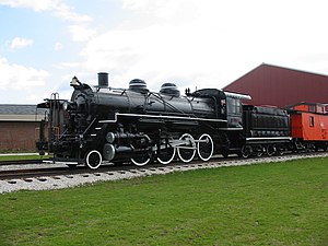 US Army No. 101, a Consolidation Class 2-8-0, on display at the National Railroad Museum on April 26, 2004. This locomotive was built for use in France during WWI but never made it there. The original European style cab was replaced by an American style one. 2-8-0 at NRM, Green Bay, 20040426.jpg