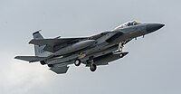 A US Air Force F-15C Eagle, tail number 81-0020, on final approach at Kadena Air Base in Okinawa, Japan