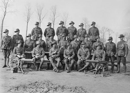 Officers and NCOs of the 24th Machine Gun Company in March 1918. Sergeant Cedric Popkin is second from the right in the middle row.