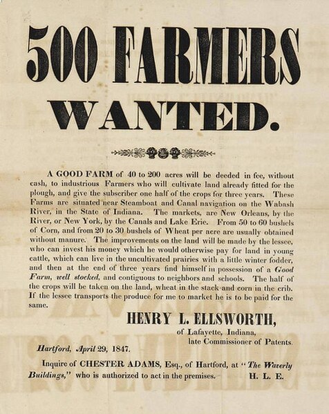 Broadside advertising sale by Ellsworth of parcels of his western lands, Lafayette, Indiana, 1847