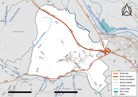 Carte en couleur présentant le réseau hydrographique de la commune