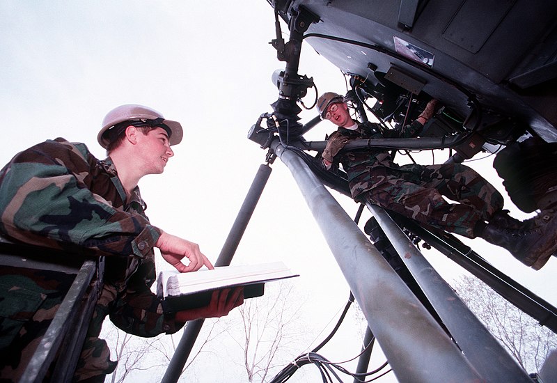 File:AIRMAN 1ST Class Brian Ramey and SENIOR AIRMAN Angela Threadgill of the 603rd Command and Control Squadron work on a satellite dish during Operation Deny Flight, the enforcement of - DPLA - 1b56edf565f25e818207d4803cf39fbc.jpeg