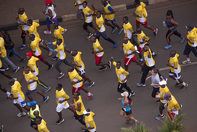 Aerial view of runners in the Kigali International Peace Marathon in Rwanda, 2019