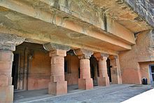 Cave 24; the Ajanta Caves were carved into a massive rock on the Deccan plateau. Ajanta Caves 130.jpg