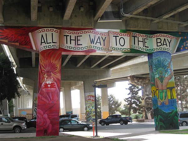 Mural in Chicano Park, San Diego, stating "All the way to the Bay"