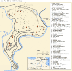 Two rivers surround the V-shaped city. Churches and other surviving buildings are noted on the map as places of interest.