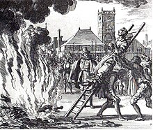 The burning of a 16th-century Dutch Anabaptist, Anneken Hendriks, who was charged with heresy Anneken Hendriks, Dam, Amsterdam, by Jan Luyken.jpg