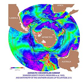 Rough position of the three Southern Ocean fronts related to the Antarctic Circumpolar Current: Southern Antarctic Circumpolar Current Front (SACC), Antarctic Polar Front (PF), and Subantarctic Front (SAF). In addition, the Subtropical convergence Front (STF) is shown. Antarctic Circumpolar Current.jpg