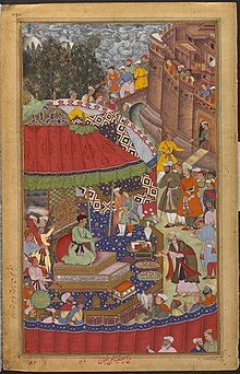 Asaf Khan presenting spoils from the Mughal conquest of Garha to Akbar at Jaunpur in 1565 Asaf Khan presenting spoils to Akbar at Jaunpur.jpg