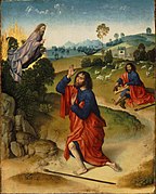 Attributed to Dierick Bouts the Elder, Netherlandish (active Louvain), first securely documented 1447, died 1475 - Moses and the Burning Bush, with Moses Removing His Shoes - Google Art Project.jpg