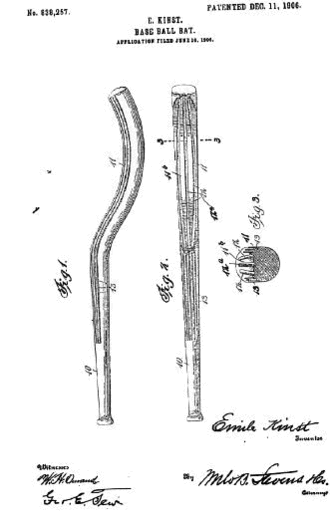 Patent No. 430,388 (June 17, 1890) awarded to Emile Kinst for an "improved ball-bat". Banana bat.gif
