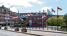 The 19 "Banners of Allegiance" at Gromada Plaza represent the diverse nationalities of Fall River's residents Banners of Allegiance at Gromada Plaza, Fall River, Massachusetts.jpg