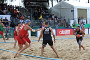 Deutsch: Beachhandball Europameisterschaften 2019 (Beach handball Euro); Tag 6: 7. Juli 2019 – Spiel um Platz Drei, Männer, Ungarn-Russland 2:0 (26:20, 23:22) English: Beach handball Euro; Day 6: 7 July 2019 – Men's Bronze Medal Match – Hungary-Russia 2:0 (26:20, 23:22)