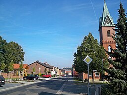 Bergfeld, Lower Saxony, Street view with school house tower