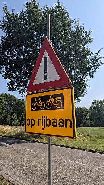 File:Bicycles and moped on the car lane sign, Winschoten (2022) 01.jpg