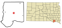 Bon Homme County South Dakota Sisällytetyt ja rekisteröimättömät alueet Tyndall Highlighted.svg
