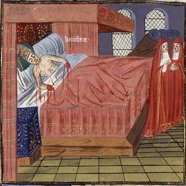 Depiction of the death of Boniface in a 15th-century manuscript of Boccaccio's De Casibus