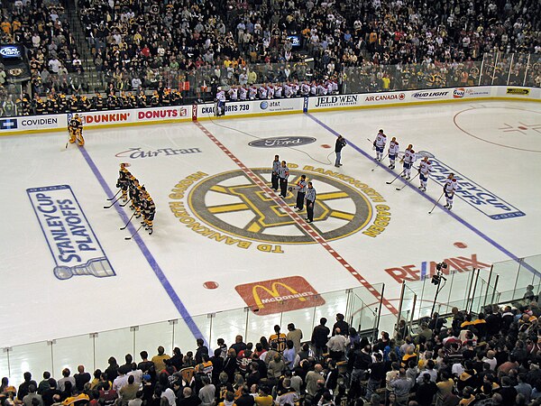 Players line up prior to Game 6 of the 2008 playoffs between the Bruins and Canadiens at then-TD Banknorth Garden