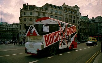 London bus in 1989 carrying the "Boycott Apartheid" message. Boycott Apartheid Bus, London, UK. 1989.jpg