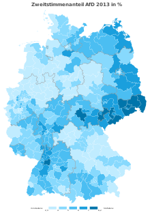 Second vote share percentage for the AfD in the 2013 federal election in Germany, final results Btw13 afd zweit endgueltig.svg