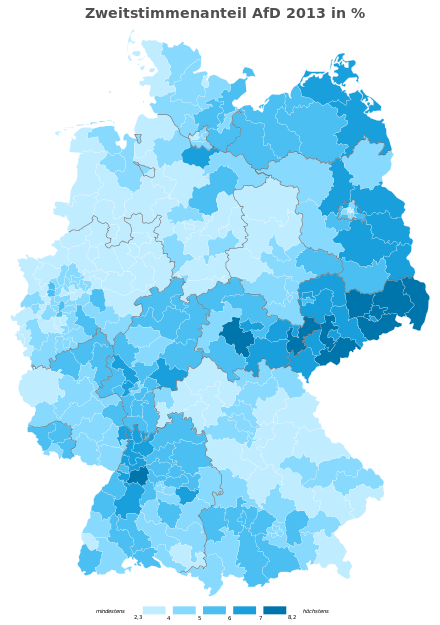 Second vote share percentage for the AfD in the 2013 federal election in Germany, final results